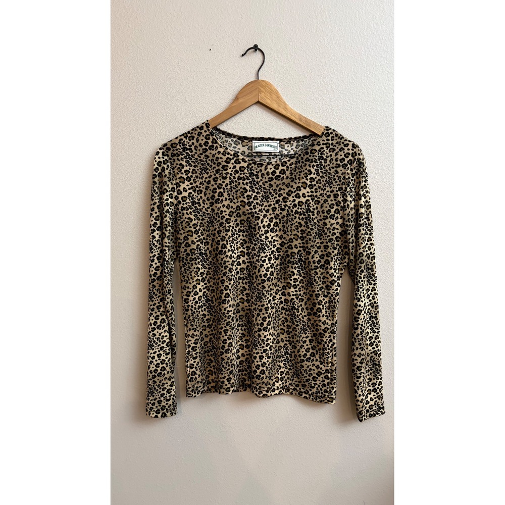 Frazier Lawrence Leopard Print Top Small Long Sleeve Animal Print‎ Crew Neck Tan